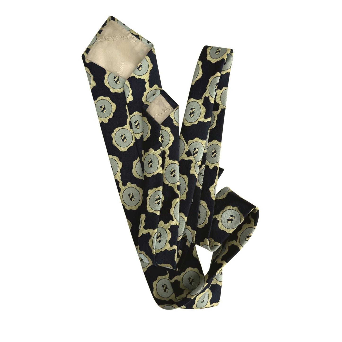Cesare Balzano Vintage Floral Abstract Pattern Silk Navy Yellow Tie Necktie