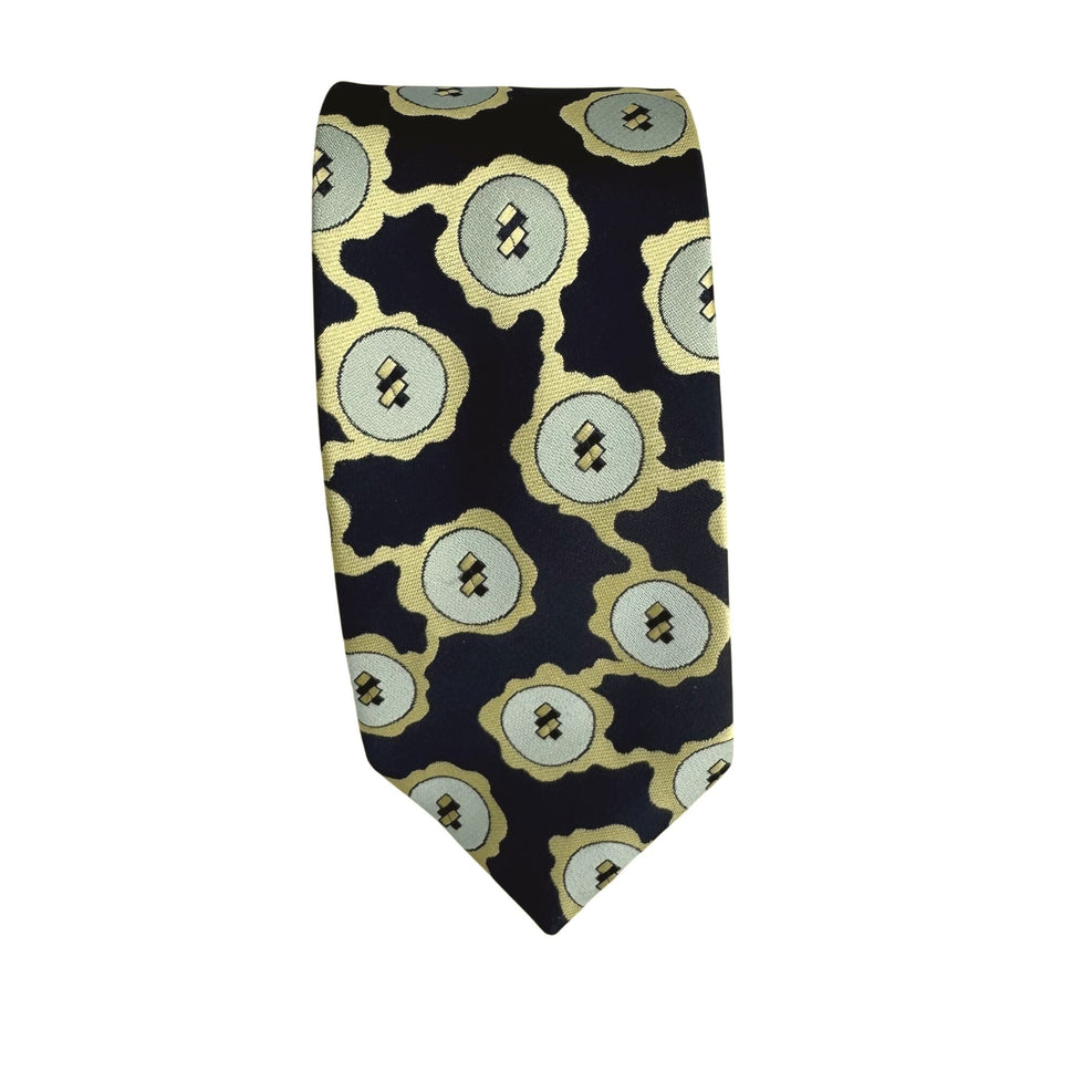 Cesare Balzano Vintage Floral Abstract Pattern Silk Navy Yellow Tie Necktie