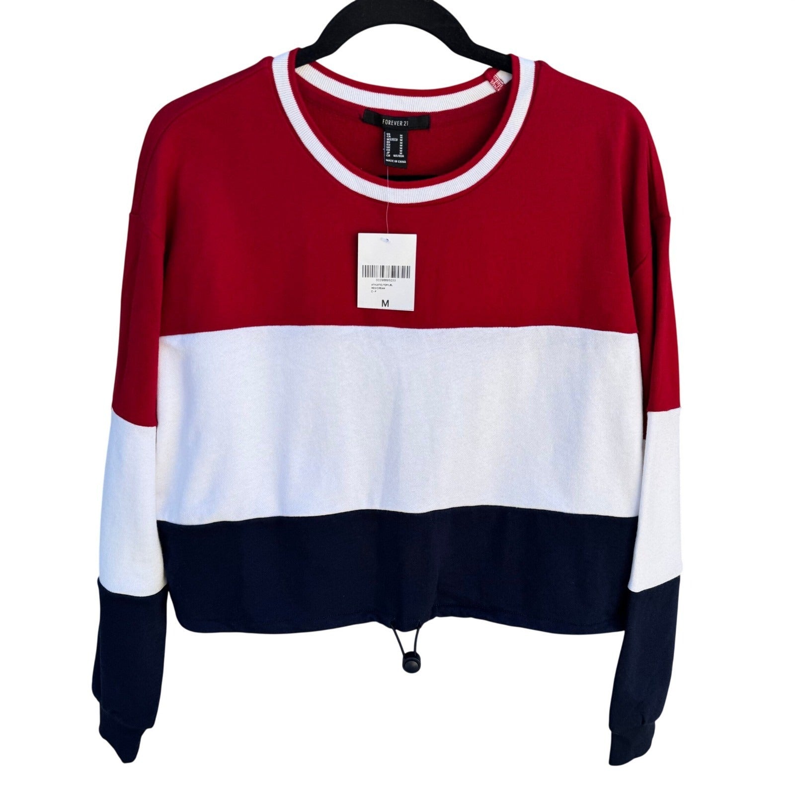 Forever 21 Womens Colorblock Cropped Sweatshirt Red White Blue Drawstring M NEW