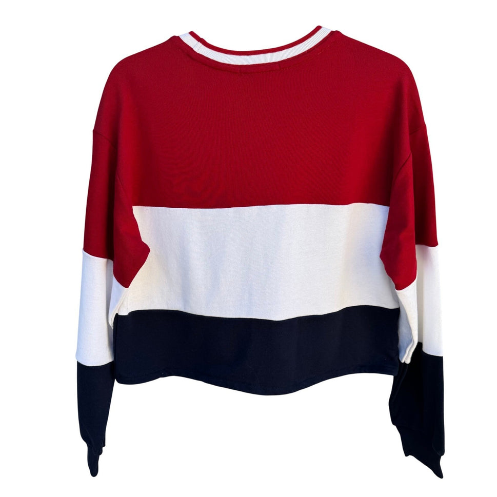 Forever 21 Womens Colorblock Cropped Sweatshirt Red White Blue Drawstring M NEW