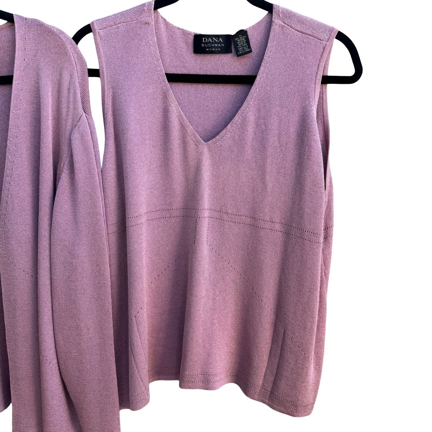 Dana Buchman Coastal Mauve Pink Pointelle Knitwear Cardigan Tank Twin Set 1X 2X