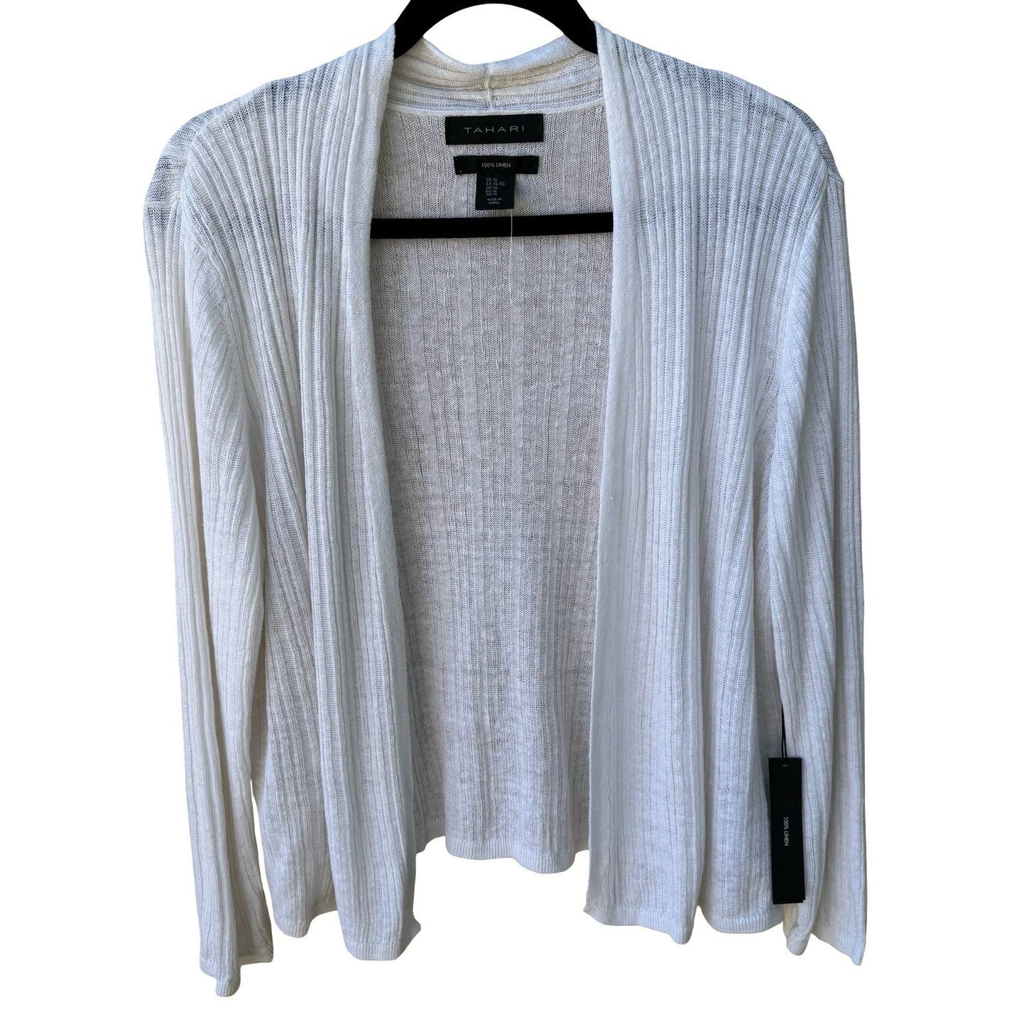 Tahari 100% Linen Coastal Ribbed Open Front Cardigan Sweater White Womens XL NWT