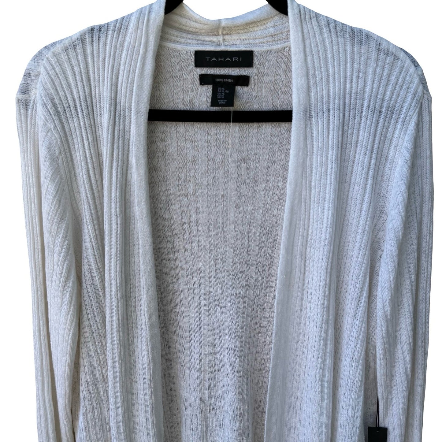 Tahari 100% Linen Coastal Ribbed Open Front Cardigan Sweater White Womens XL NWT