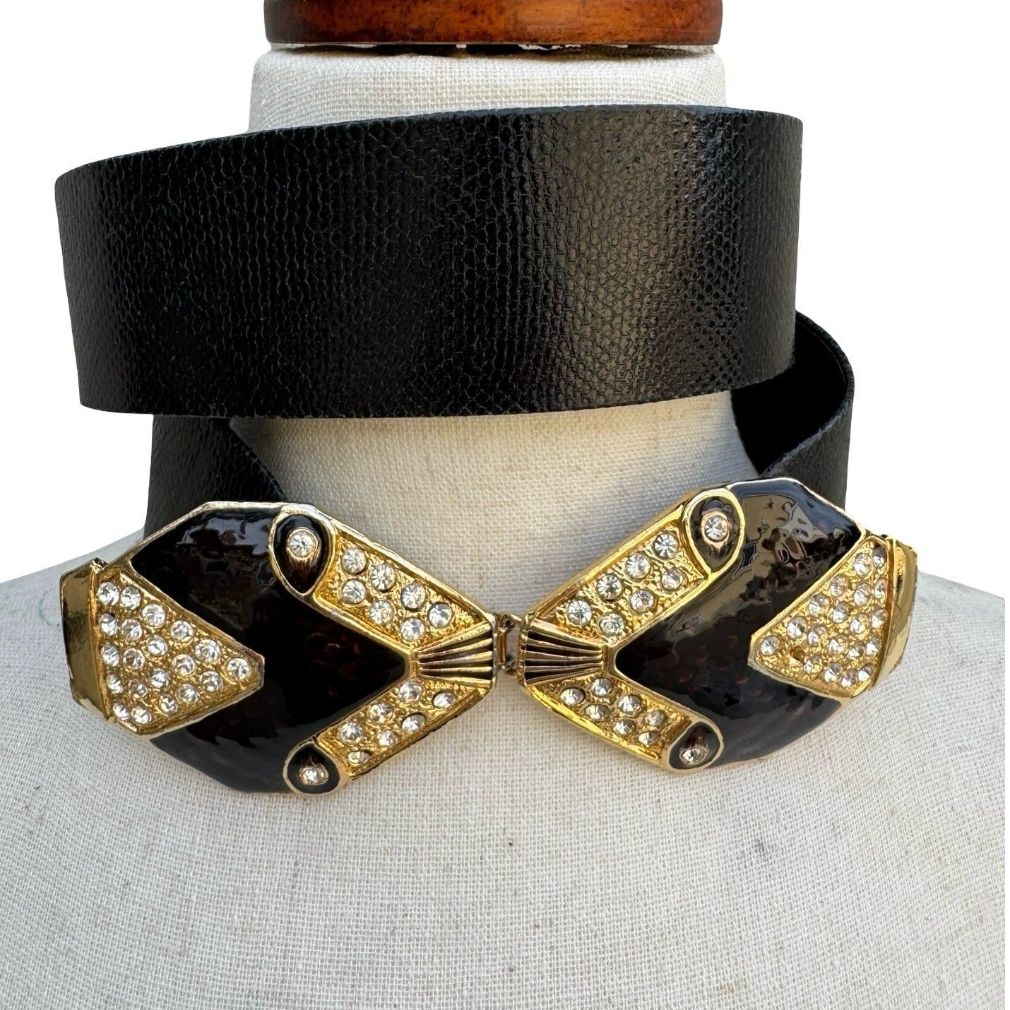 Puruti Vintage Black Gold Rhinestone Enamel Statement Waist Belt with Dust Bag