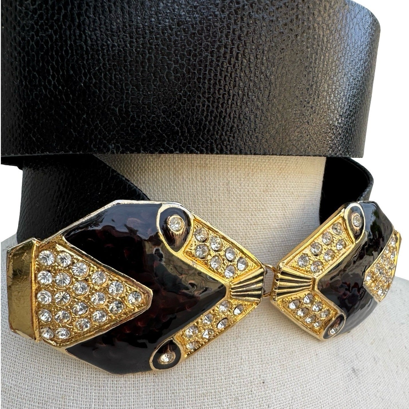 Puruti Vintage Black Gold Rhinestone Enamel Statement Waist Belt with Dust Bag