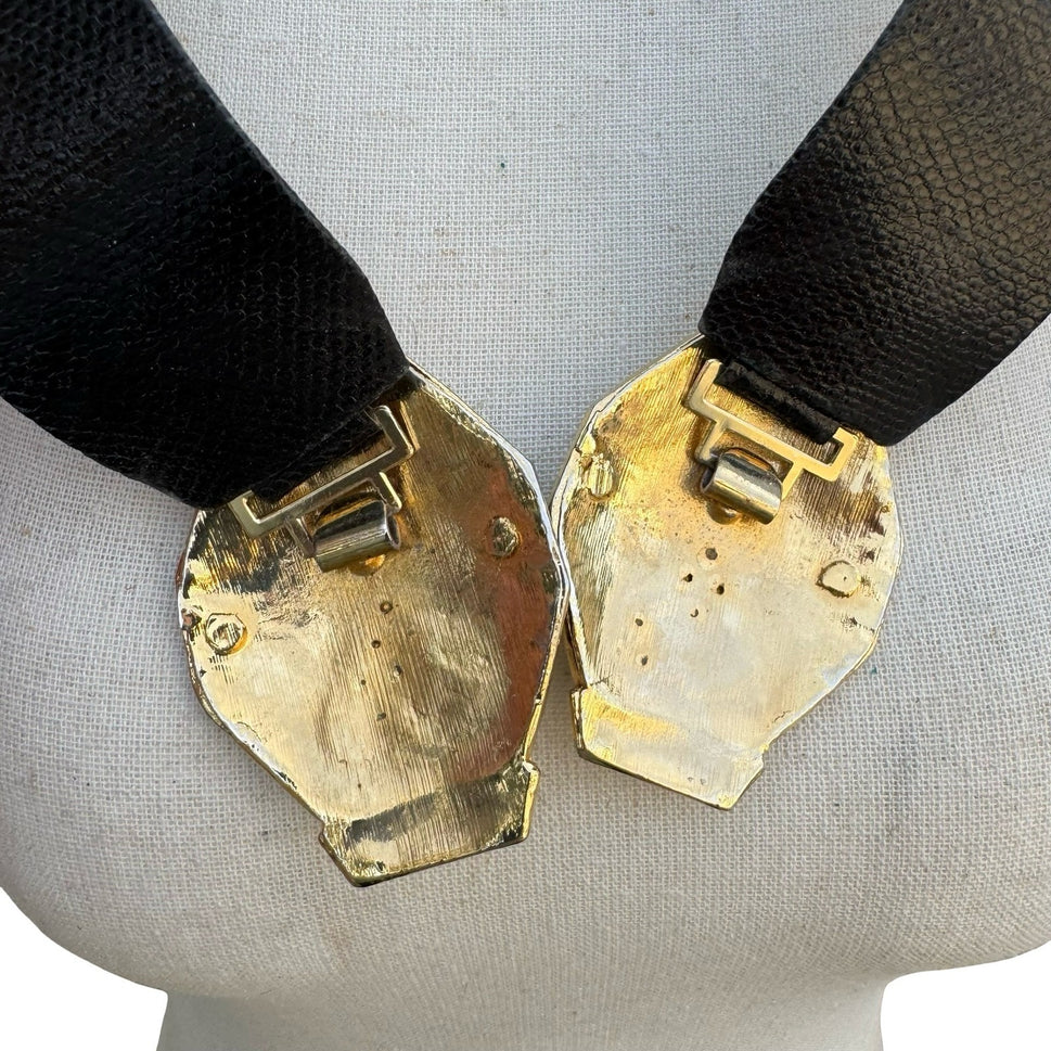 Puruti Vintage Black Gold Rhinestone Enamel Statement Waist Belt with Dust Bag