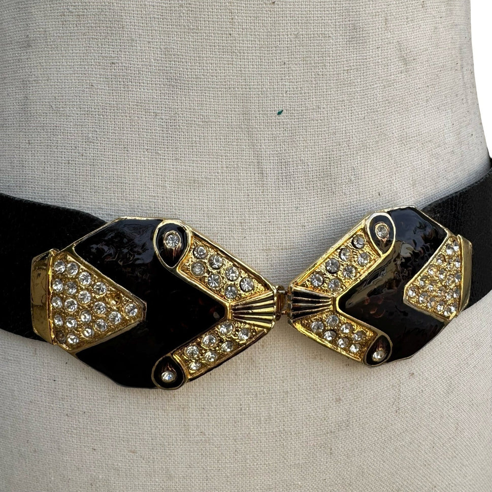 Puruti Vintage Black Gold Rhinestone Enamel Statement Waist Belt with Dust Bag