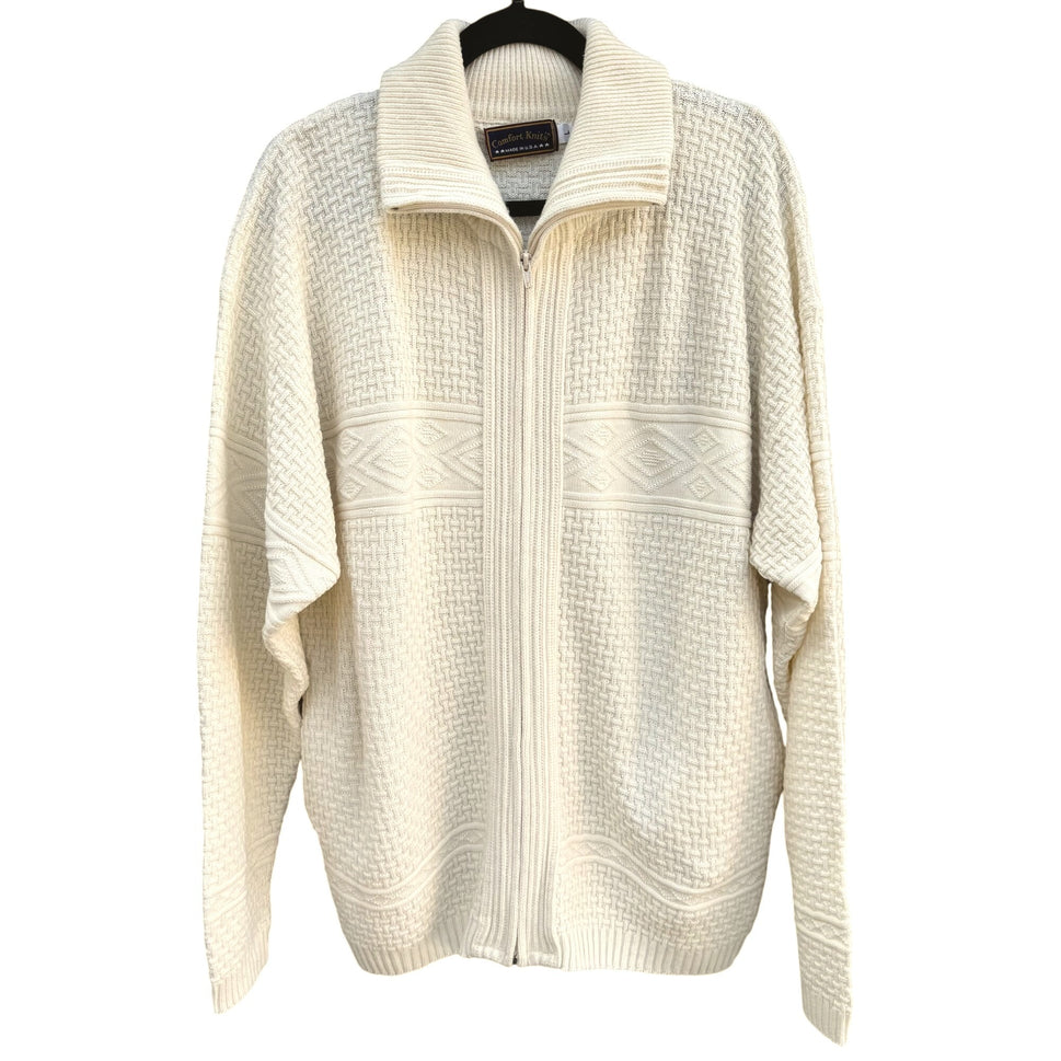 Comfort Knits Mens Vintage Ivory Full-Zip Basketweave Grandpa Cardigan Sweater L