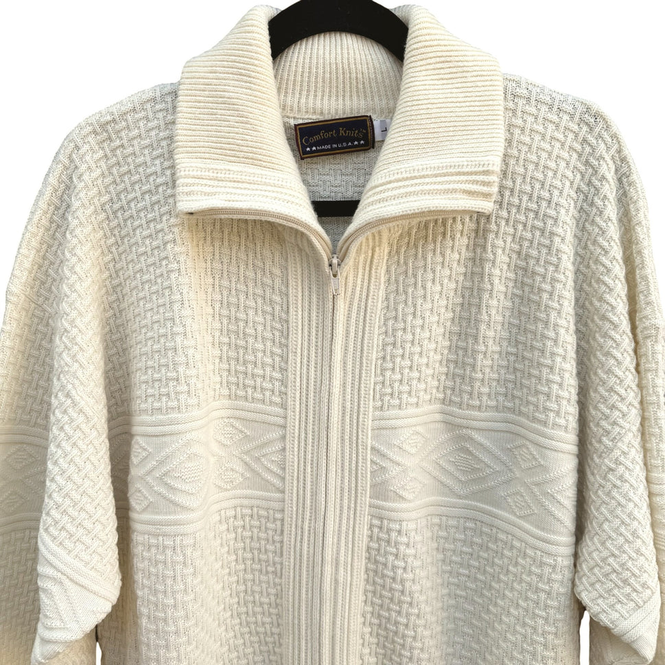 Comfort Knits Mens Vintage Ivory Full-Zip Basketweave Grandpa Cardigan Sweater L