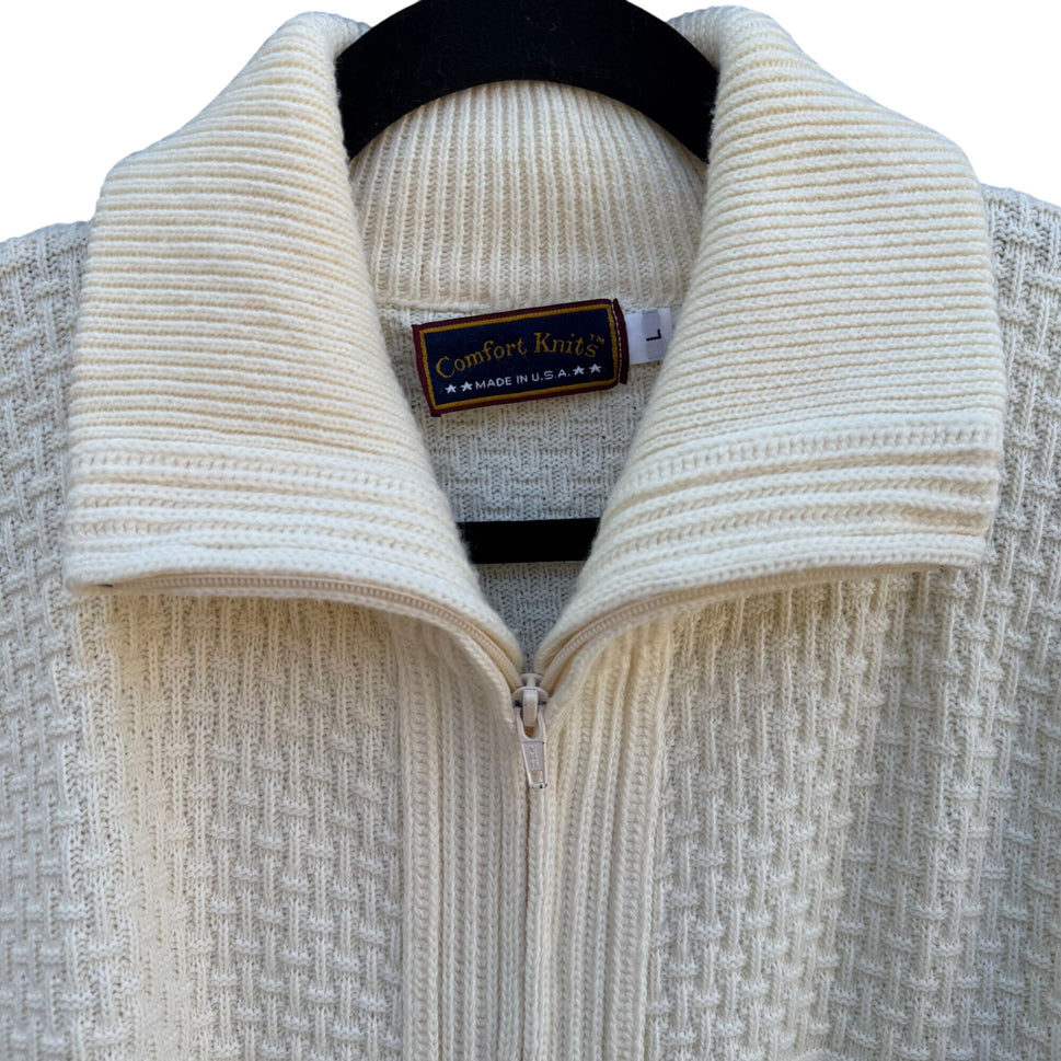 Comfort Knits Mens Vintage Ivory Full-Zip Basketweave Grandpa Cardigan Sweater L