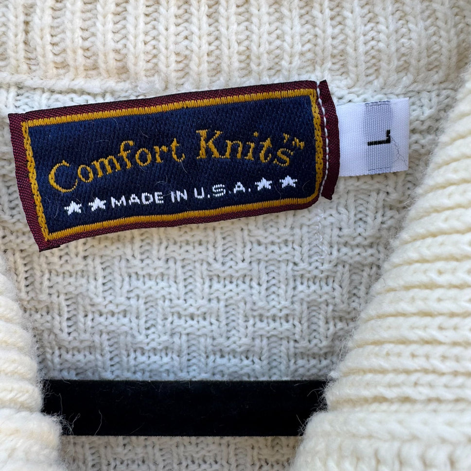 Comfort Knits Mens Vintage Ivory Full-Zip Basketweave Grandpa Cardigan Sweater L