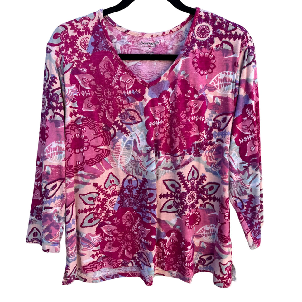 Serengeti Womens Floral V-Neck Long Sleeve Boho Pink Purple Tunic Blouse Top XL