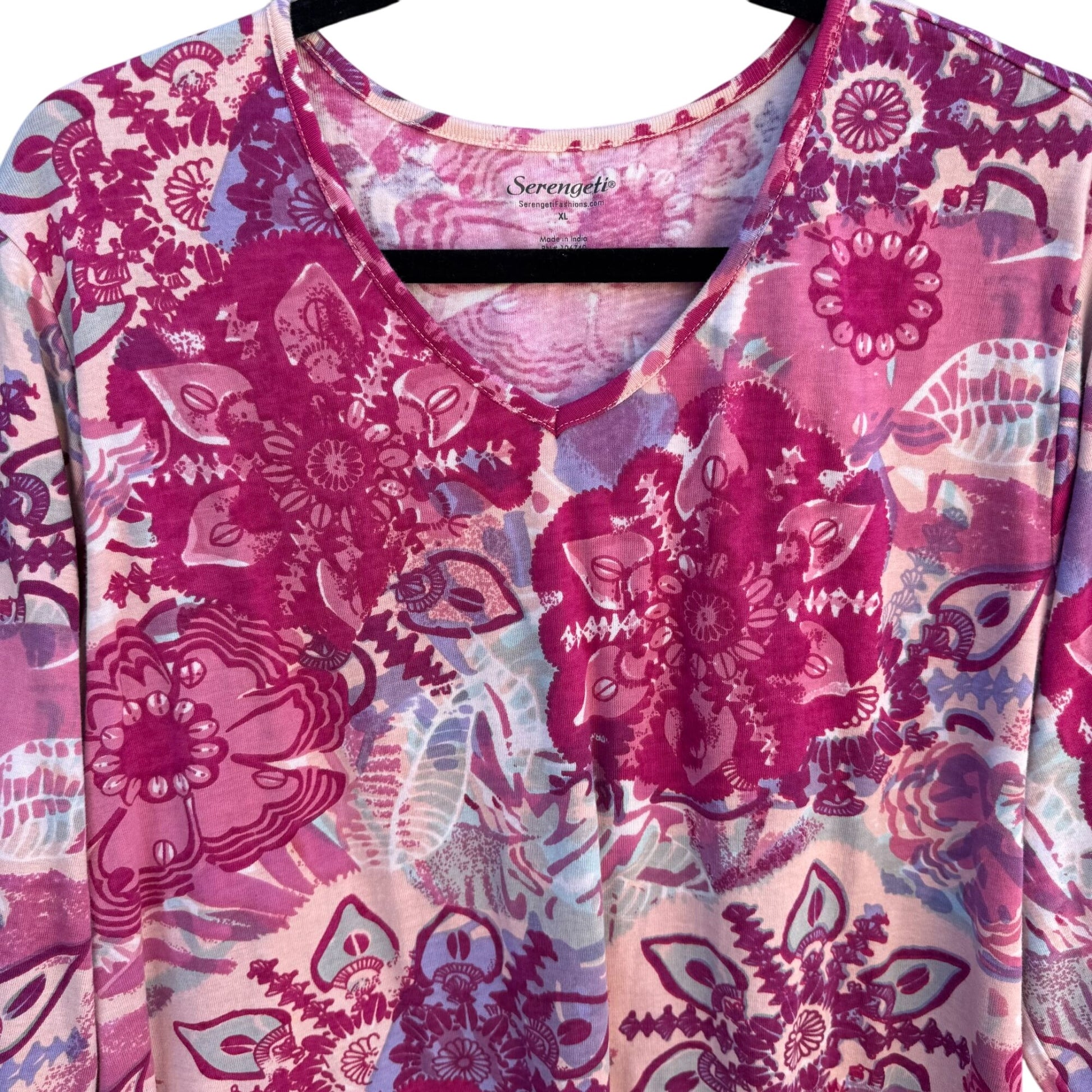 Serengeti Womens Floral V-Neck Long Sleeve Boho Pink Purple Tunic Blouse Top XL