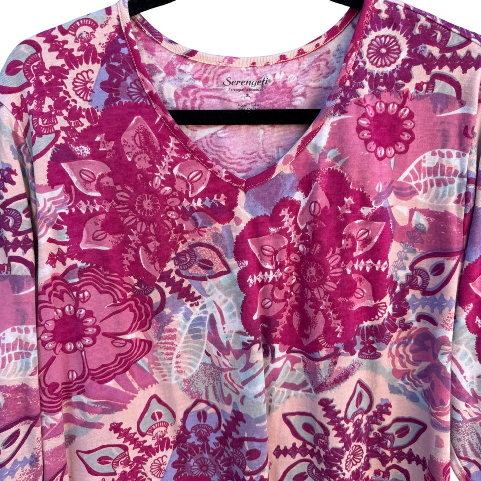 Serengeti Womens Floral V-Neck Long Sleeve Boho Pink Purple Tunic Blouse Top XL