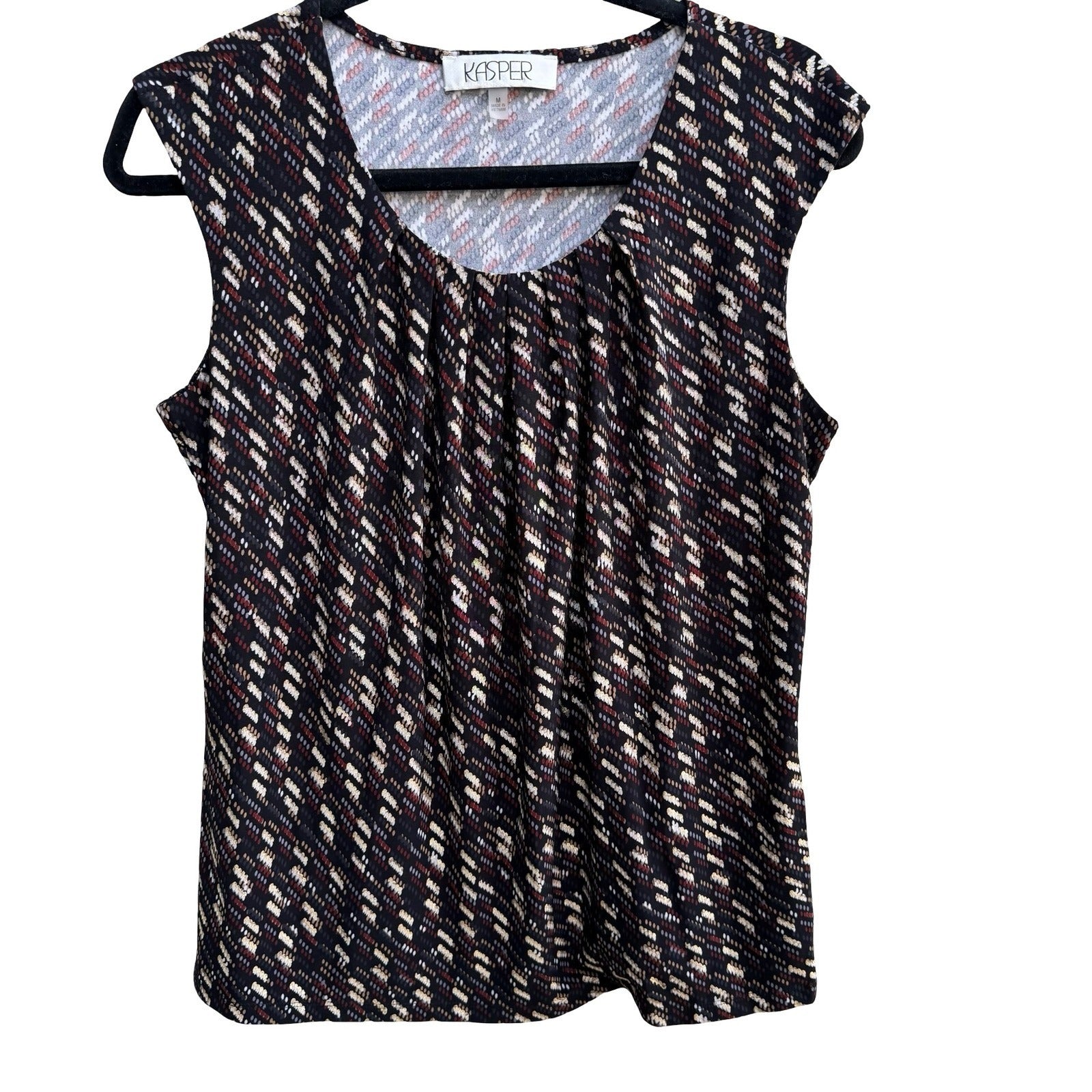 Kasper Careerwear Metallic Geometric Pleated Scoop Neck Blouse Black Womens M