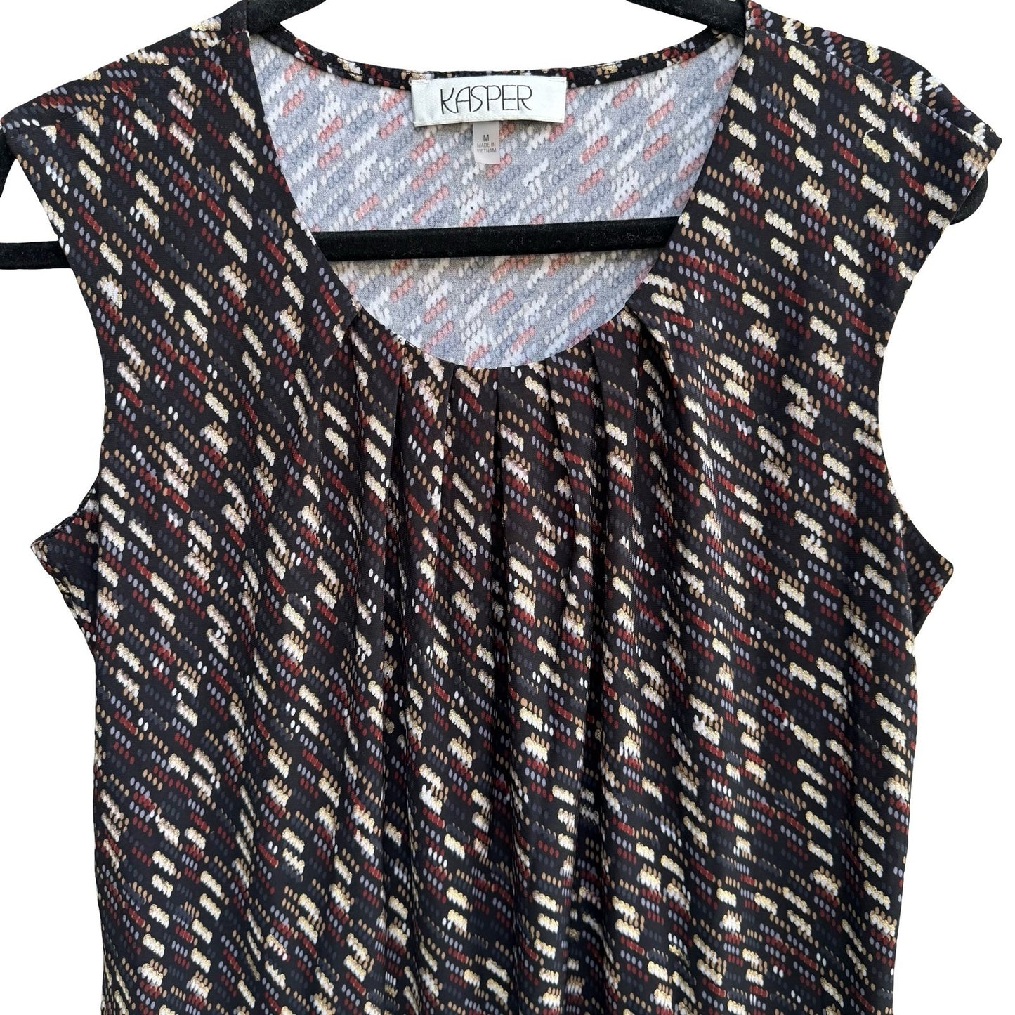 Kasper Careerwear Metallic Geometric Pleated Scoop Neck Blouse Black Womens M