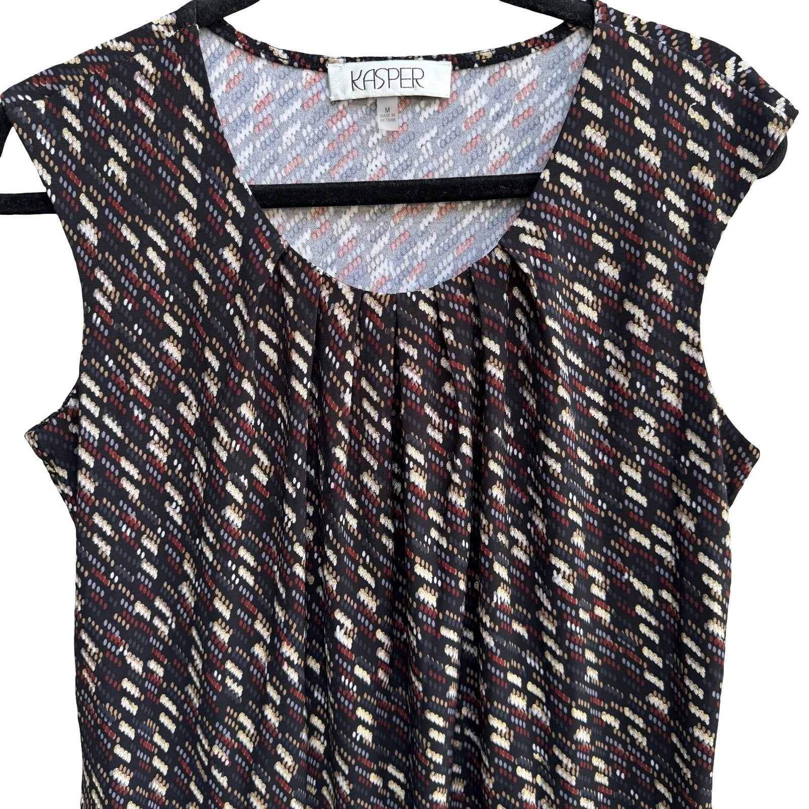 Kasper Careerwear Metallic Geometric Pleated Scoop Neck Blouse Black Womens M