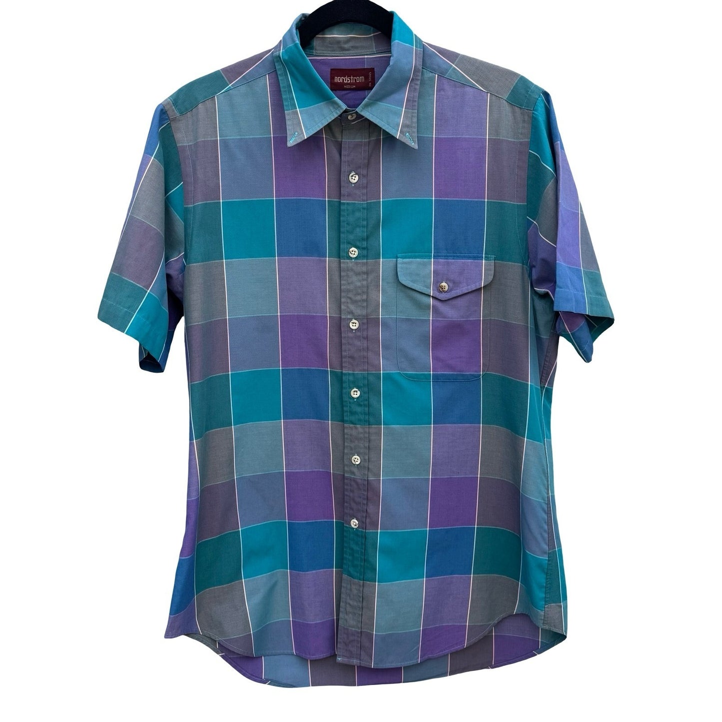 Nordstrom Mens Short Sleeve Button Down Shirt Purple Teal Plaid Size Medium