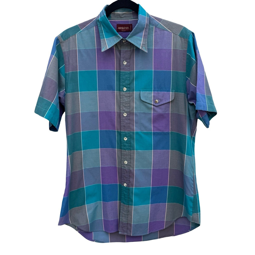 Nordstrom Mens Short Sleeve Button Down Shirt Purple Teal Plaid Size Medium