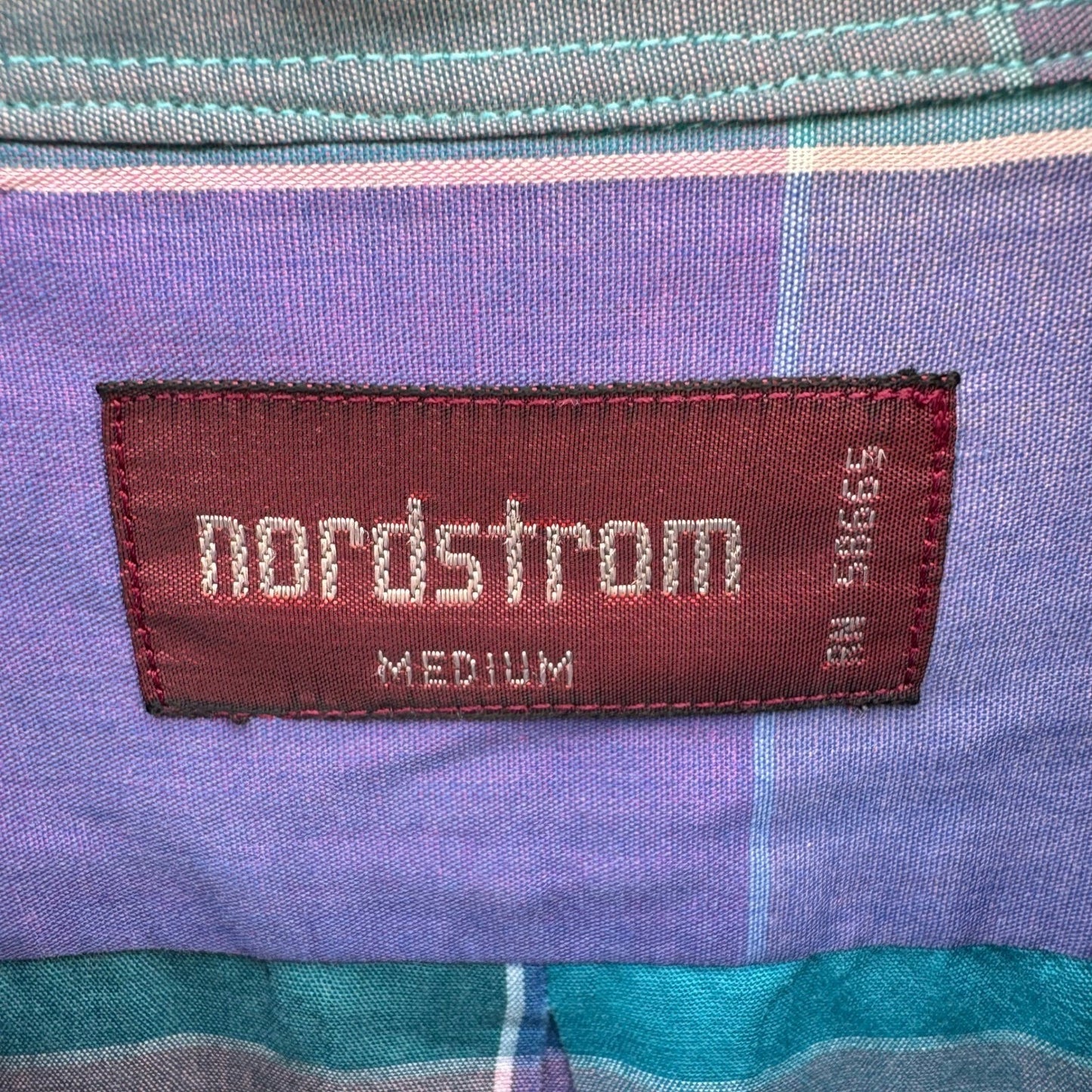 Nordstrom Mens Short Sleeve Button Down Shirt Purple Teal Plaid Size Medium
