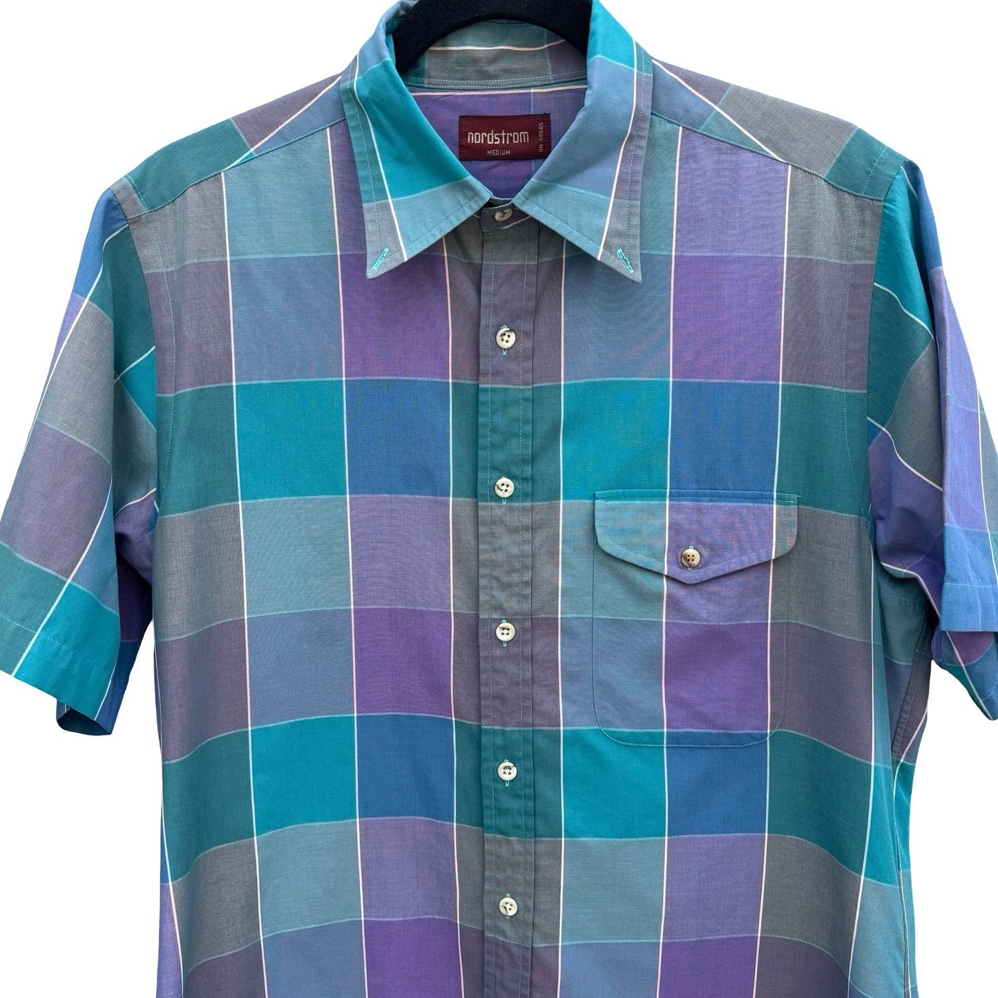 Nordstrom Mens Short Sleeve Button Down Shirt Purple Teal Plaid Size Medium