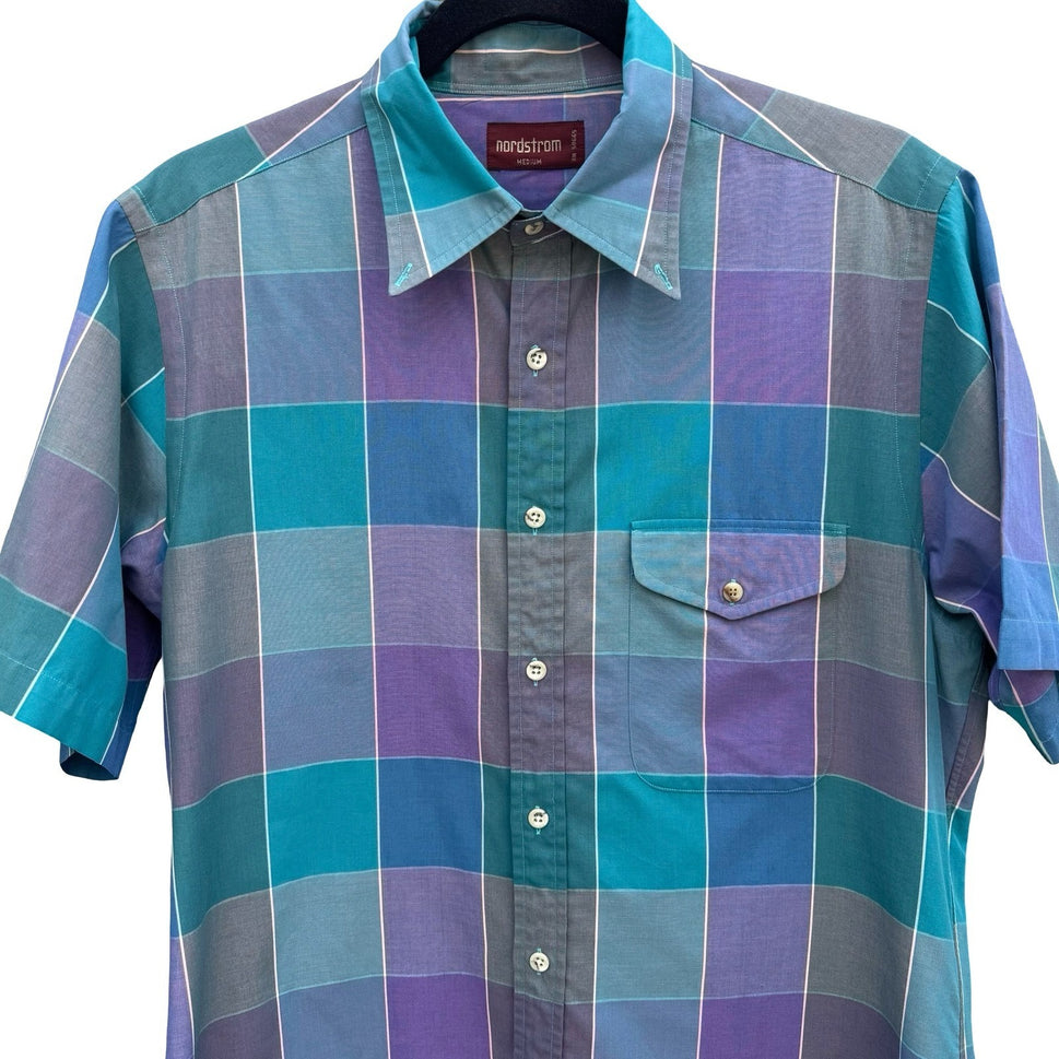 Nordstrom Mens Short Sleeve Button Down Shirt Purple Teal Plaid Size Medium