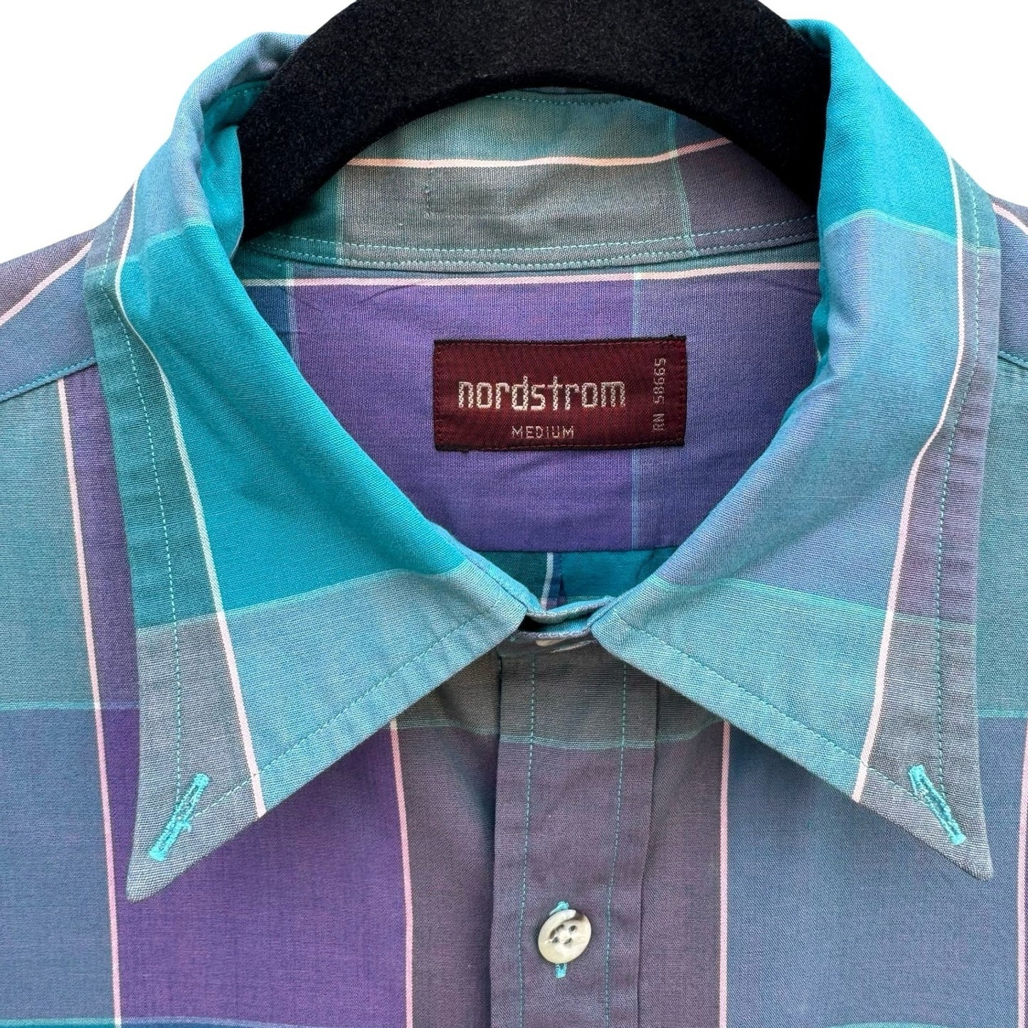 Nordstrom Mens Short Sleeve Button Down Shirt Purple Teal Plaid Size Medium
