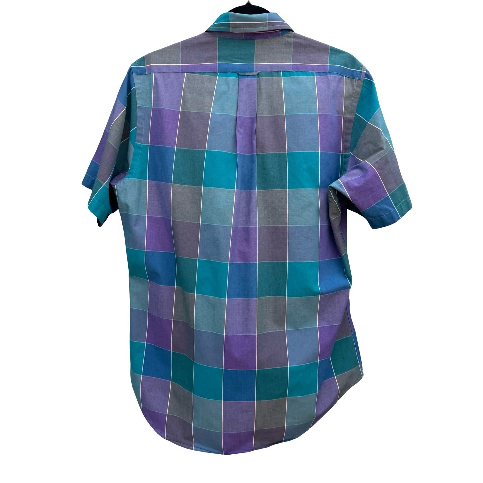 Nordstrom Mens Short Sleeve Button Down Shirt Purple Teal Plaid Size Medium