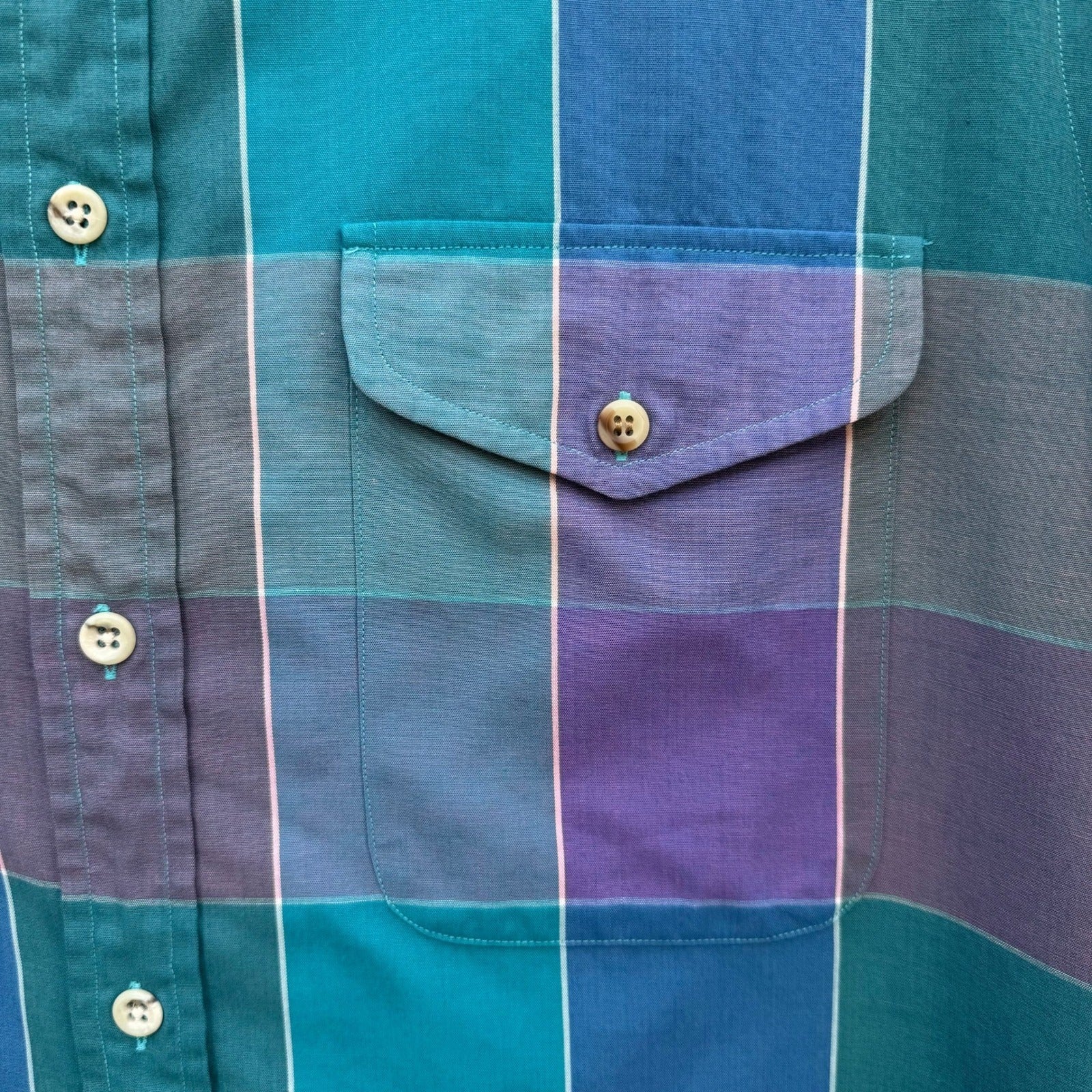 Nordstrom Mens Short Sleeve Button Down Shirt Purple Teal Plaid Size Medium