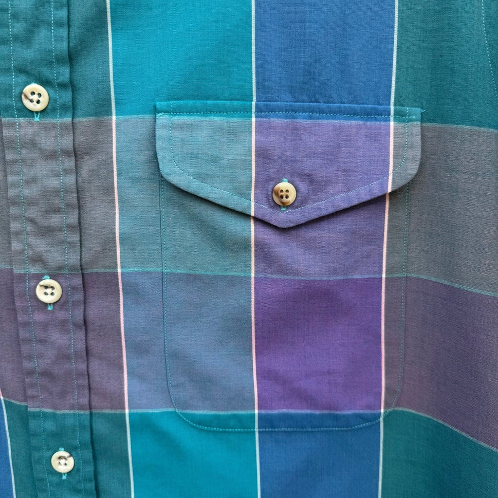 Nordstrom Mens Short Sleeve Button Down Shirt Purple Teal Plaid Size Medium