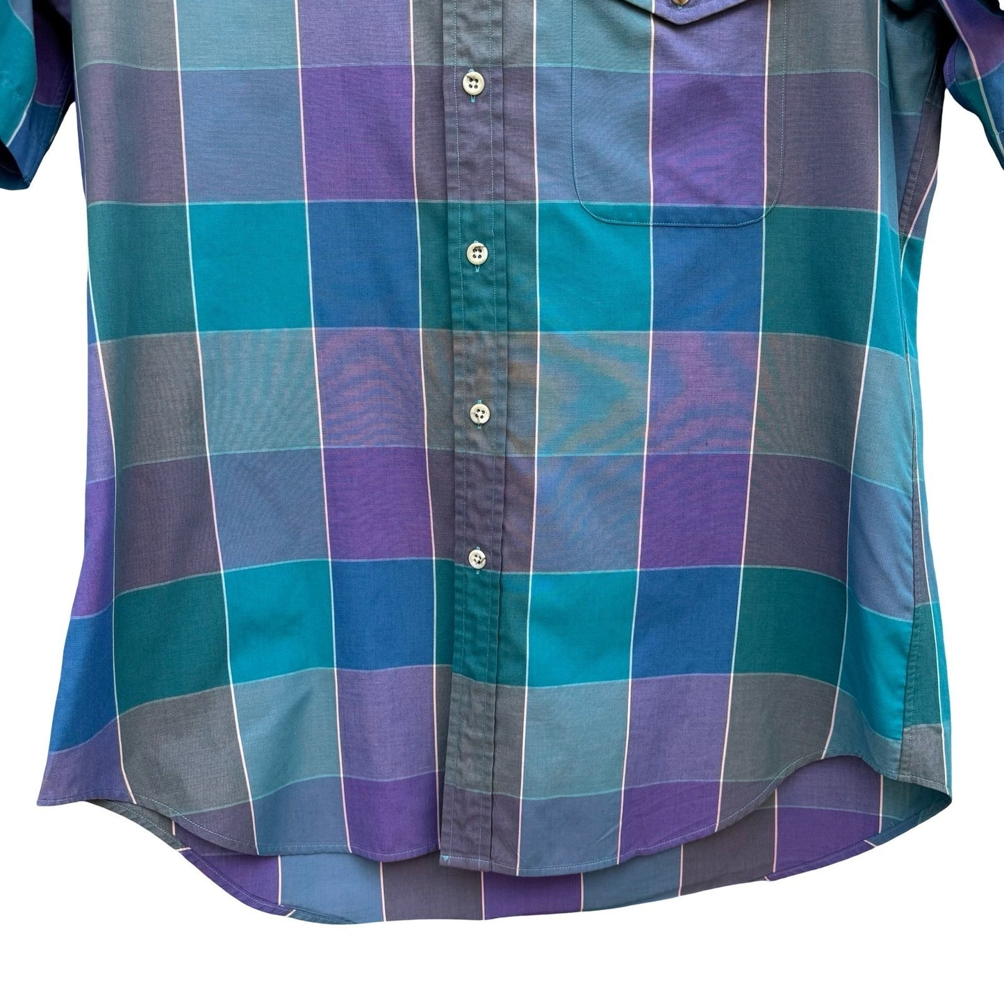 Nordstrom Mens Short Sleeve Button Down Shirt Purple Teal Plaid Size Medium