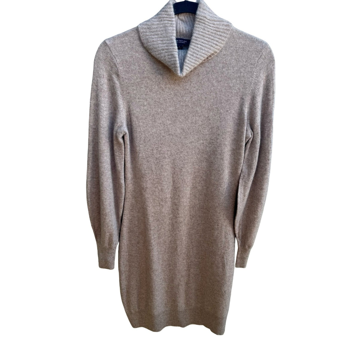 Ann Taylor Cashmere Quiet Luxury Minimalist Preppy Cowl Neck Sweater Dress Tan M