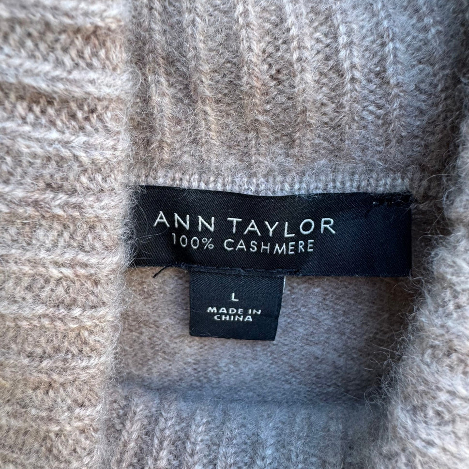 Ann Taylor Cashmere Quiet Luxury Minimalist Preppy Cowl Neck Sweater Dress Tan M