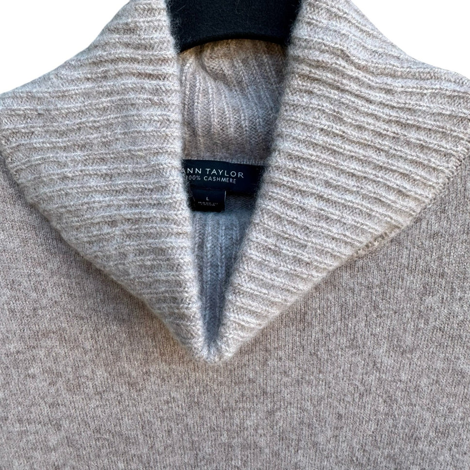 Ann Taylor Cashmere Quiet Luxury Minimalist Preppy Cowl Neck Sweater Dress Tan M