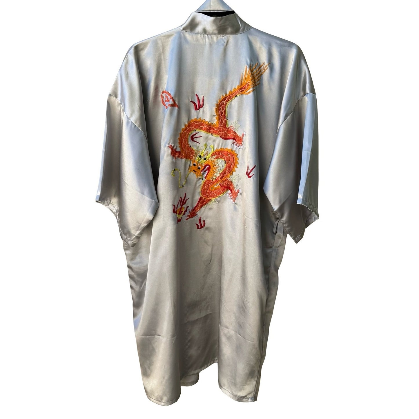 Ceasar Vintage 80s 90s Silver Washable Silk Dragon Embroidered Kimono Robe OS