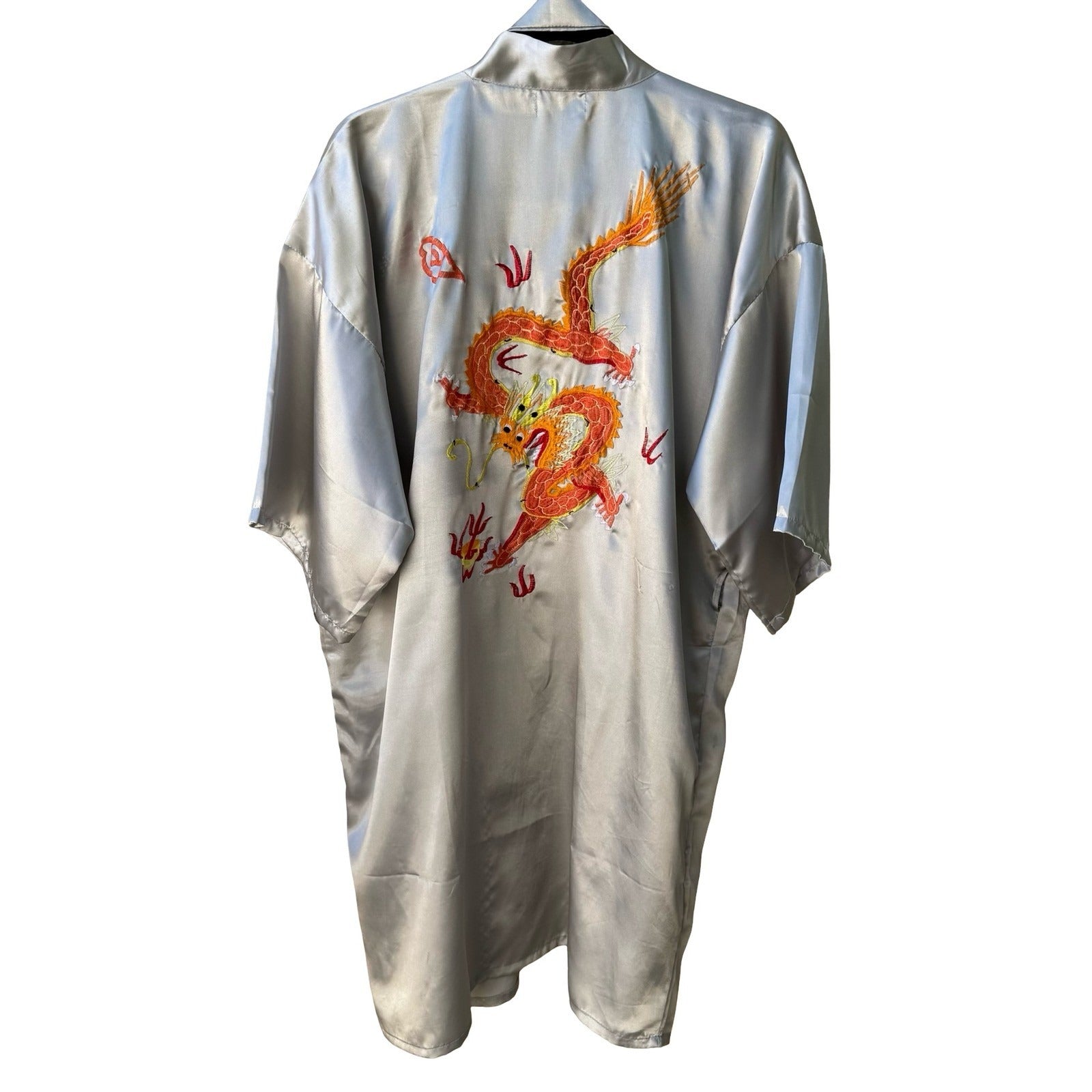 Ceasar Vintage 80s 90s Silver Washable Silk Dragon Embroidered Kimono Robe OS
