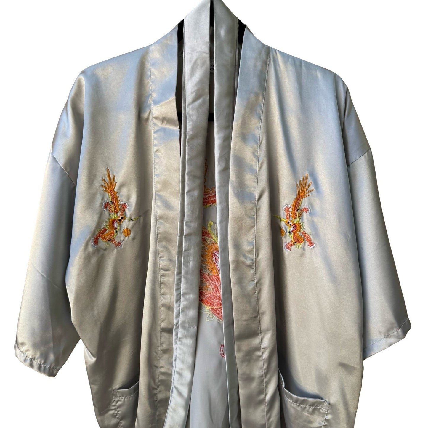 Ceasar Vintage 80s 90s Silver Washable Silk Dragon Embroidered Kimono Robe OS
