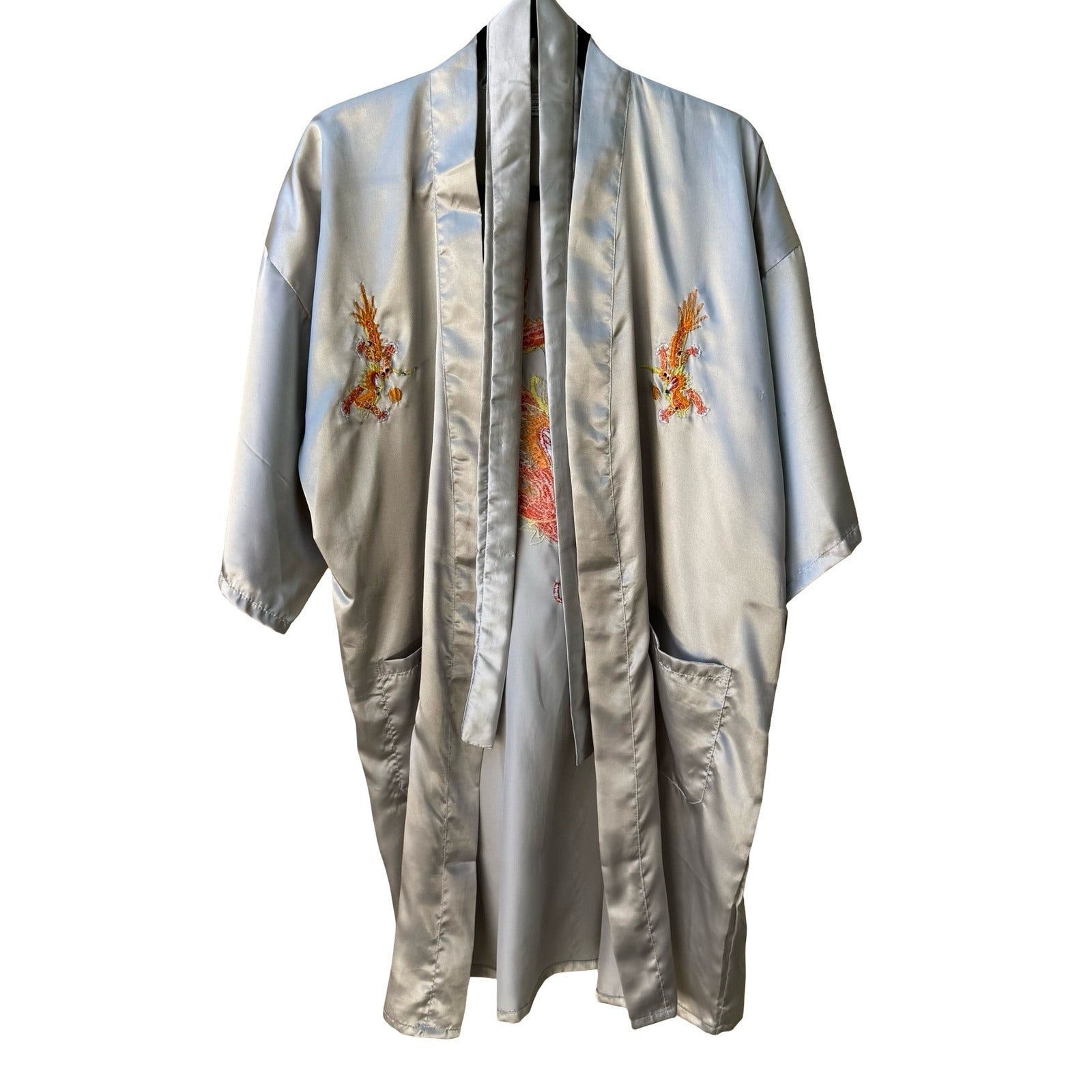 Ceasar Vintage 80s 90s Silver Washable Silk Dragon Embroidered Kimono Robe OS
