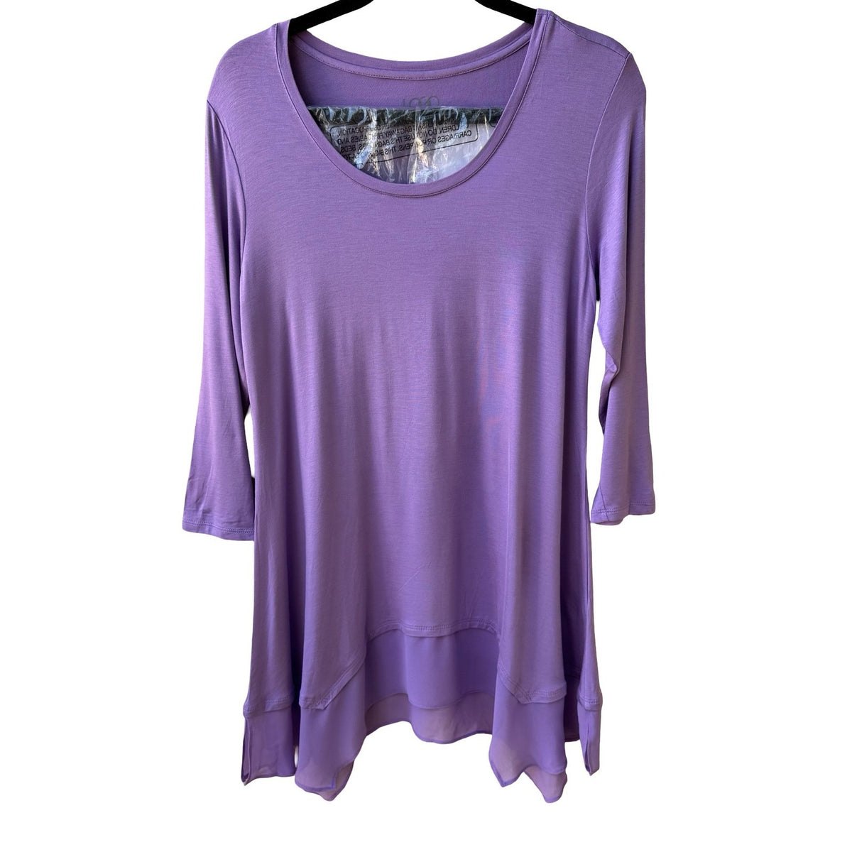 LOGO Lori Goldstein Lagenlook Flowy Chiffon Hem Sharkbite Tunic Knit Top Lilac M
