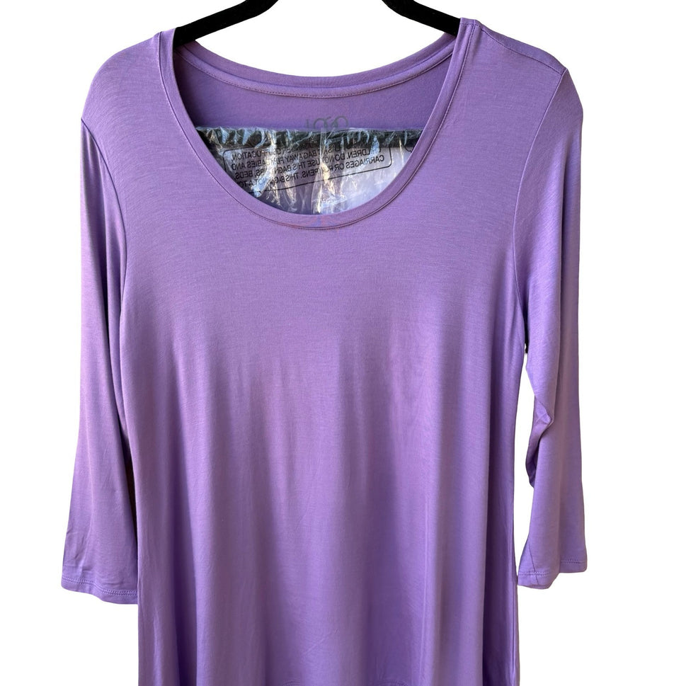 LOGO Lori Goldstein Lagenlook Flowy Chiffon Hem Sharkbite Tunic Knit Top Lilac M