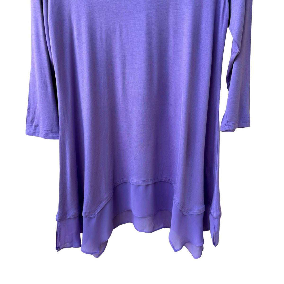 LOGO Lori Goldstein Lagenlook Flowy Chiffon Hem Sharkbite Tunic Knit Top Lilac M