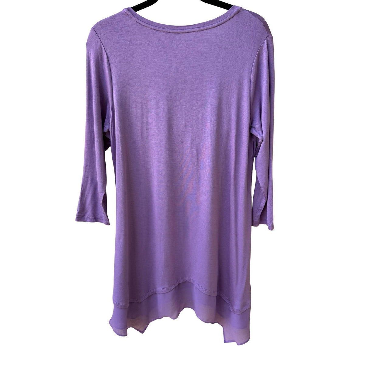 LOGO Lori Goldstein Lagenlook Flowy Chiffon Hem Sharkbite Tunic Knit Top Lilac M