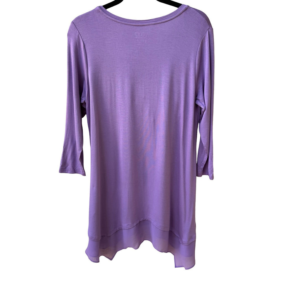 LOGO Lori Goldstein Lagenlook Flowy Chiffon Hem Sharkbite Tunic Knit Top Lilac M