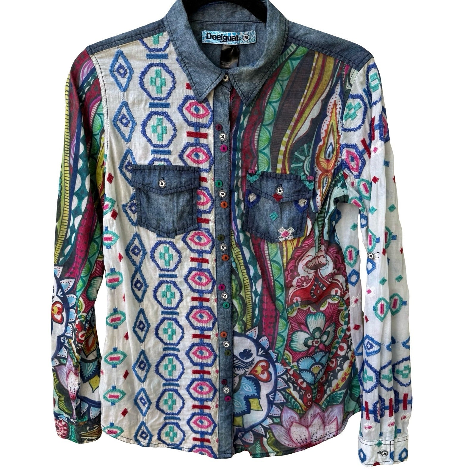 Desigual Y2K Boho Artsy Maximalist Embroidered Western Folk Denim Accent Shirt M