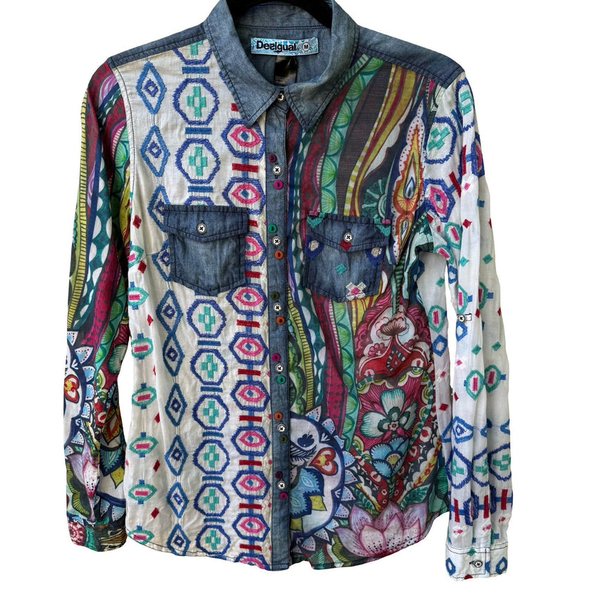 Desigual Y2K Boho Artsy Maximalist Embroidered Western Folk Denim Accent Shirt M