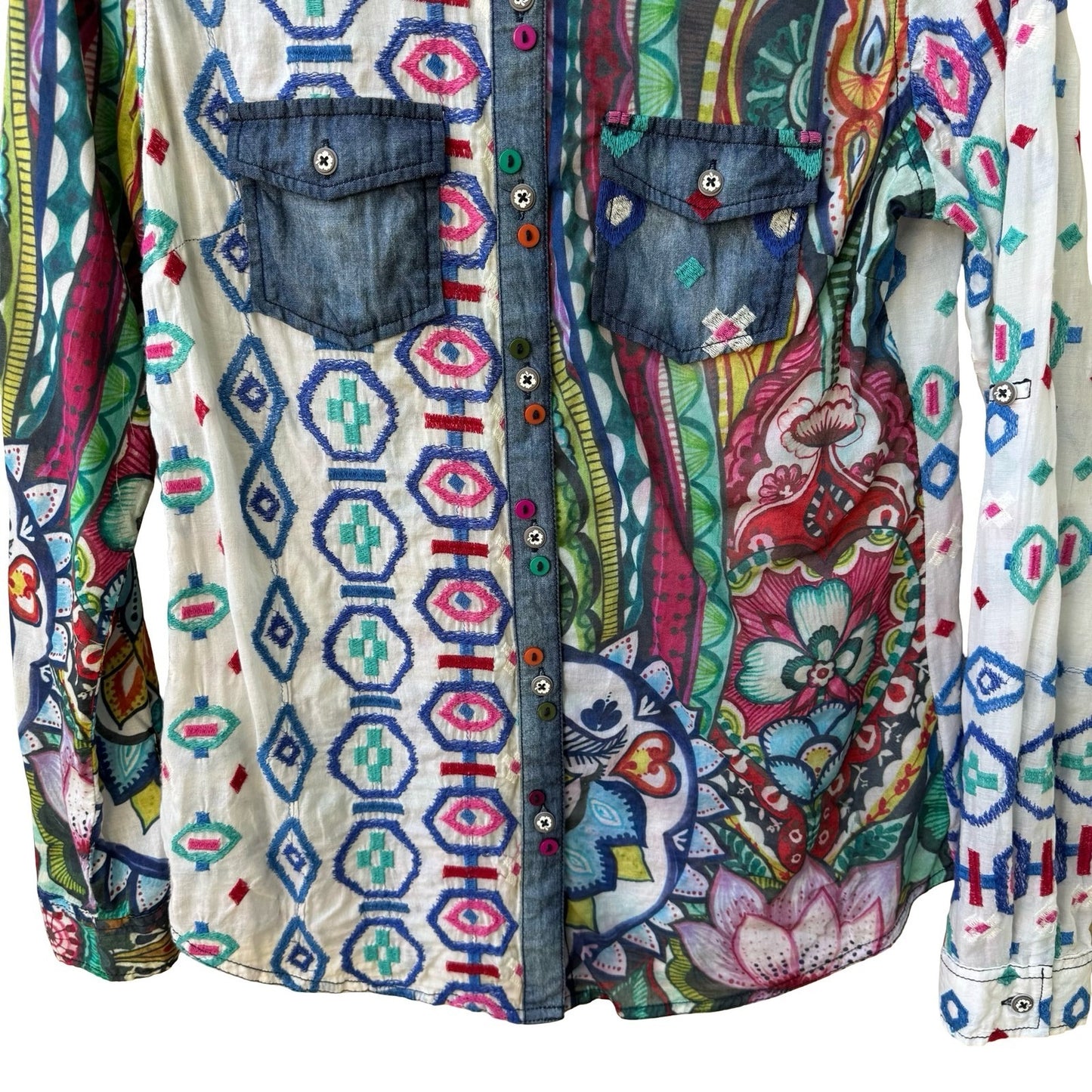Desigual Y2K Boho Artsy Maximalist Embroidered Western Folk Denim Accent Shirt M