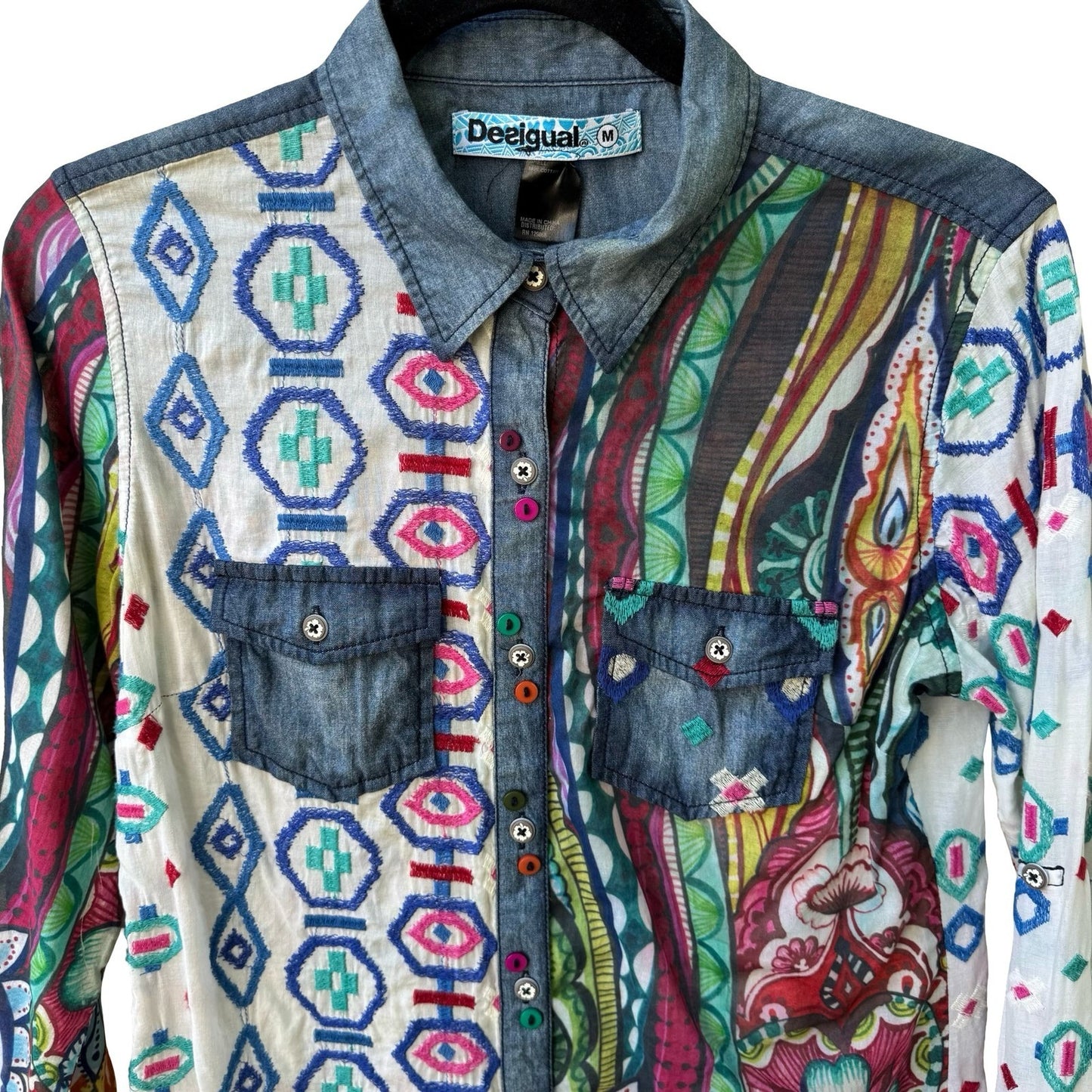 Desigual Y2K Boho Artsy Maximalist Embroidered Western Folk Denim Accent Shirt M