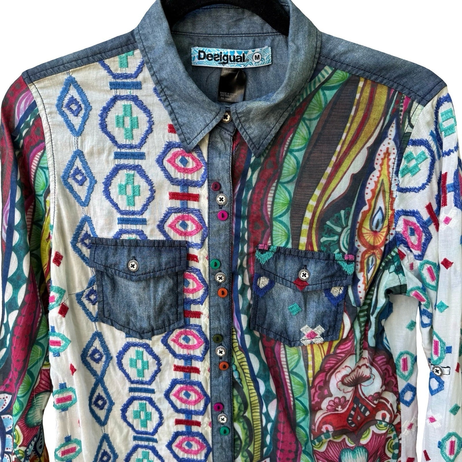Desigual Y2K Boho Artsy Maximalist Embroidered Western Folk Denim Accent Shirt M