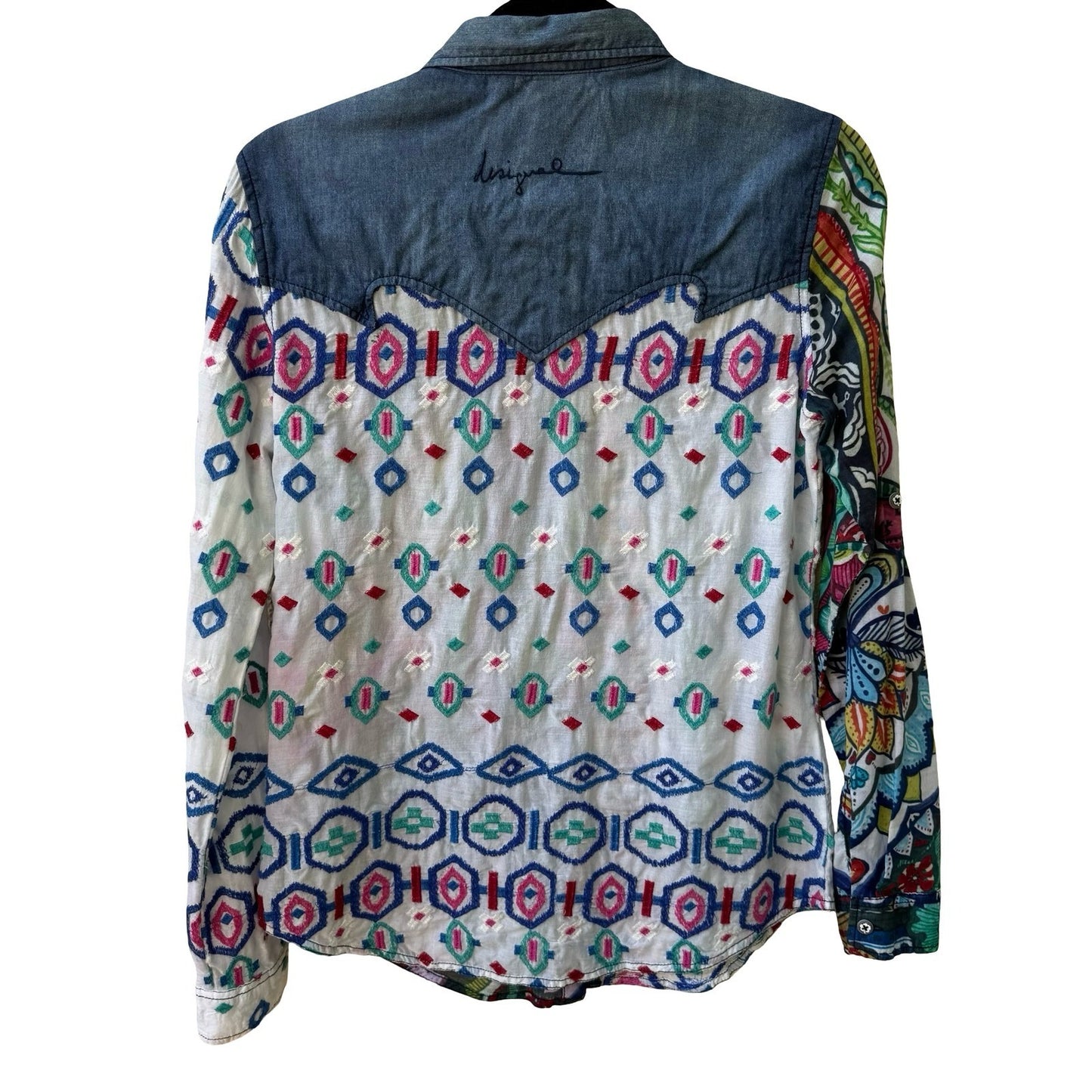 Desigual Y2K Boho Artsy Maximalist Embroidered Western Folk Denim Accent Shirt M
