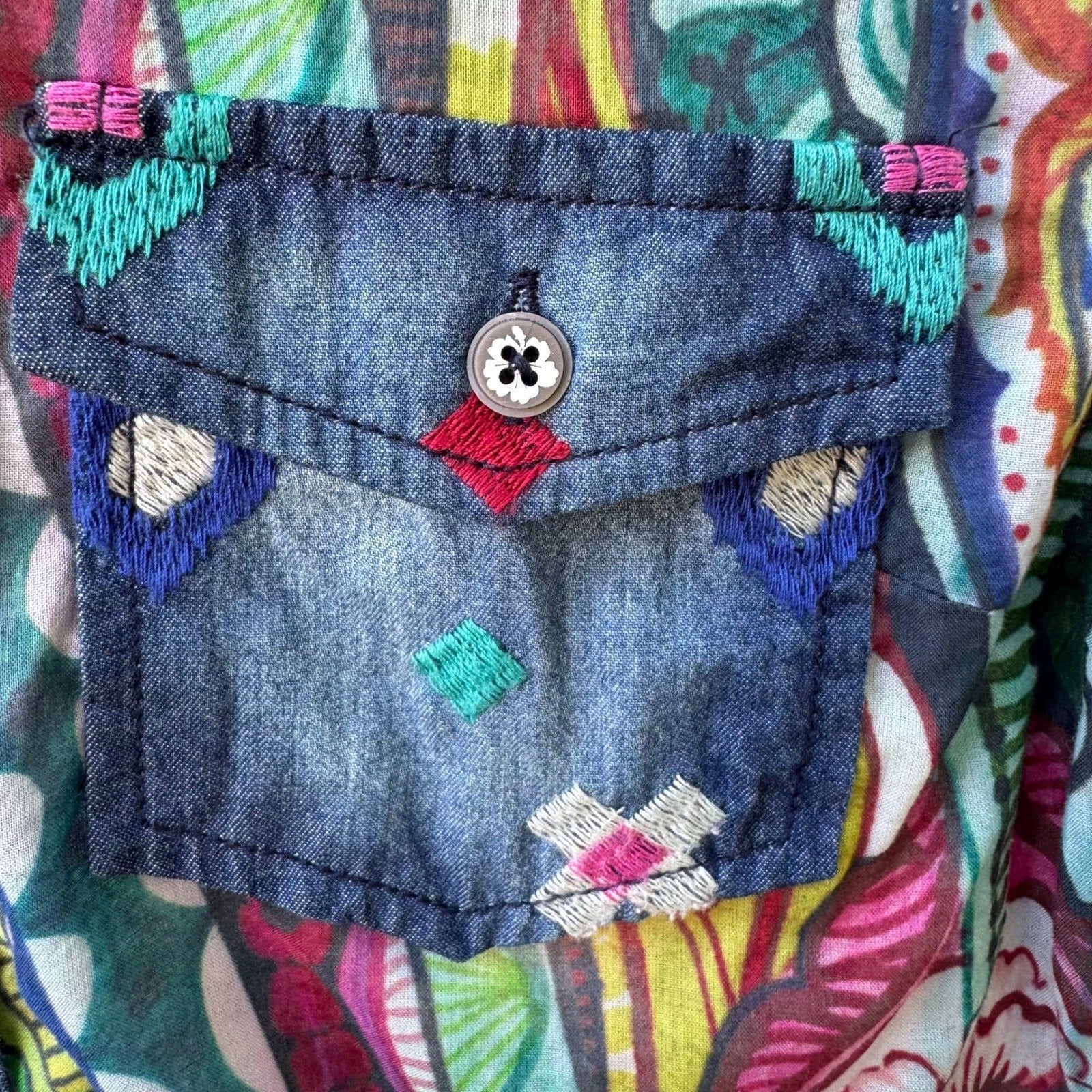 Desigual Y2K Boho Artsy Maximalist Embroidered Western Folk Denim Accent Shirt M